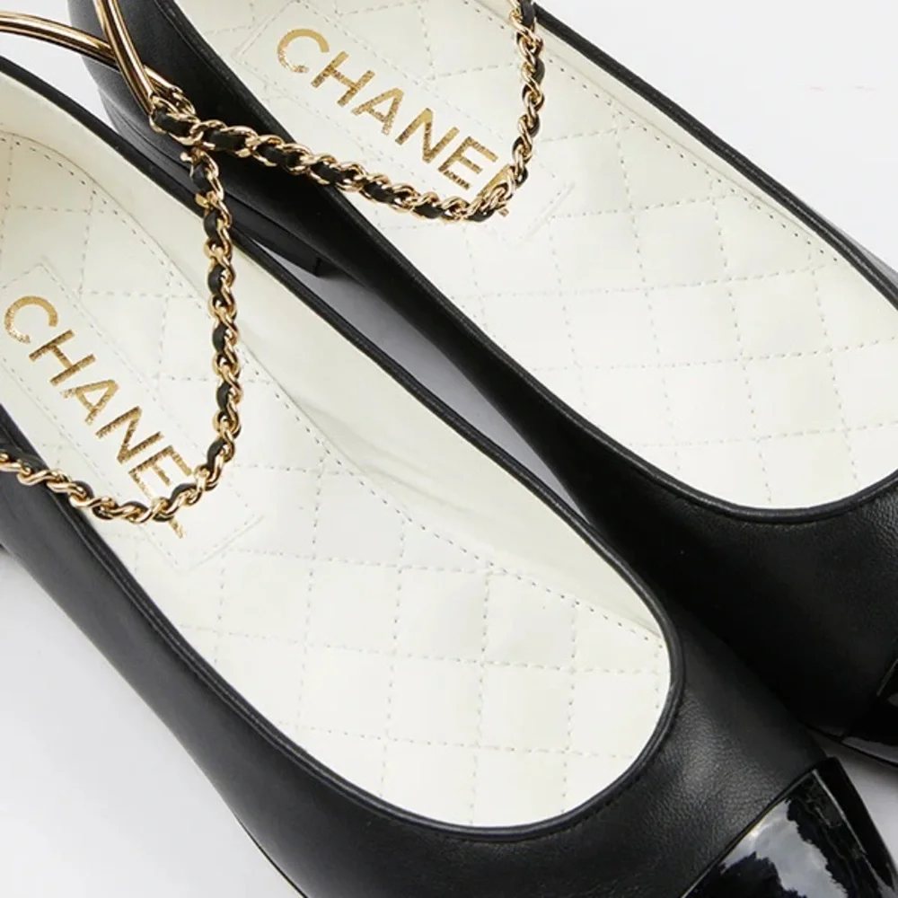 Chanel Cap Toe Leather Ballet Flats with Ankle Chain - Picture 4 of 5